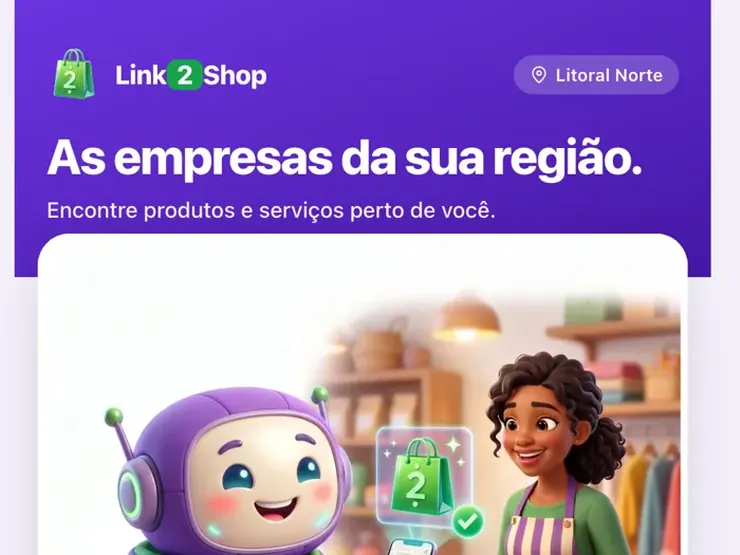 Link2Shop no celular, com o robô mascote apresentando as lojas da região